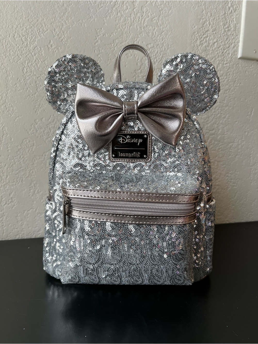 Loungefly Disney Mickey Minnie Mouse Silver Sequin Mini Backpack - NWT